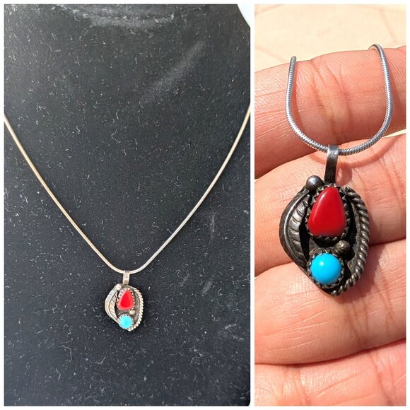 Navajo Sterling Silver Turquoise & Coral Native American Pendant 5.9g Signed PM - Picture 1 of 8